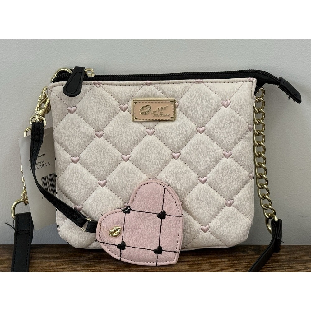 NWT Betsey‎ Johnson LUV BESTY Quilted Heart Cream/Pink/Black Crossbody Purse